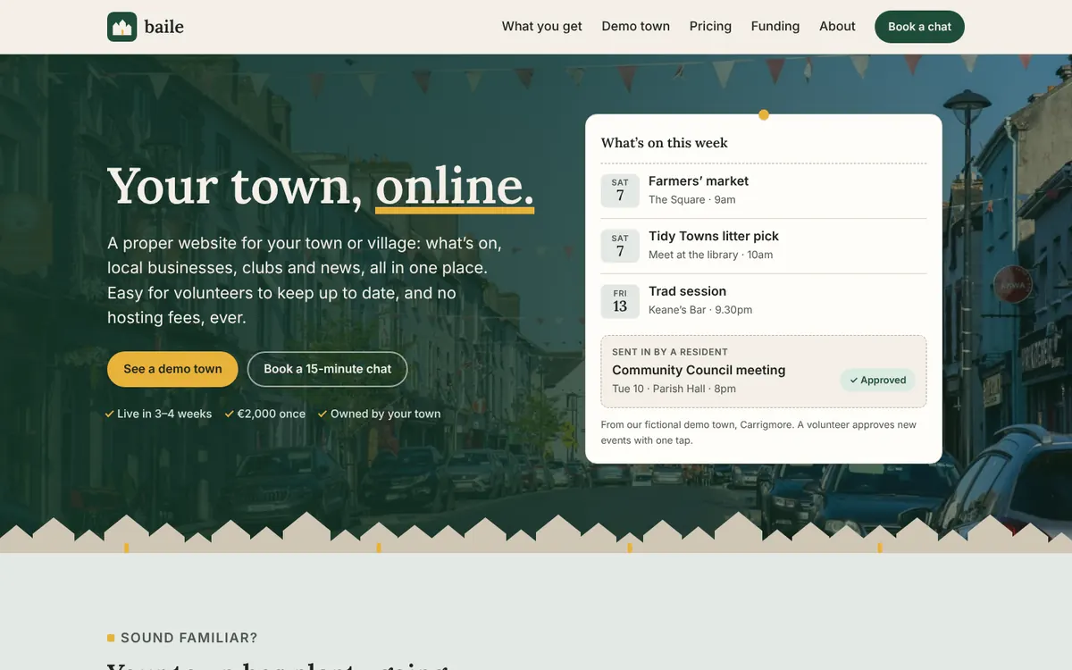 The Baile homepage: "Your town, online." with a what’s on panel from the demo town