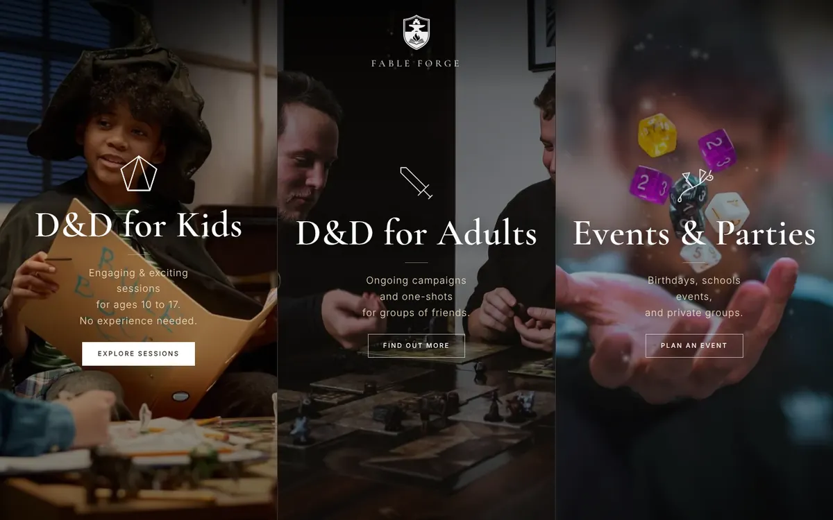 The Fable Forge homepage: three panels for D&D for kids, D&D for adults, and events and parties