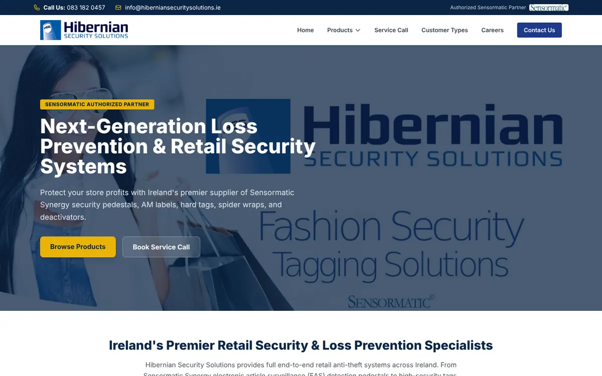 The Hibernian Security Solutions homepage: "Next-Generation Loss Prevention & Retail Security Systems"