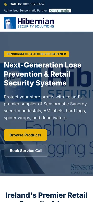 The Hibernian Security Solutions homepage on a phone