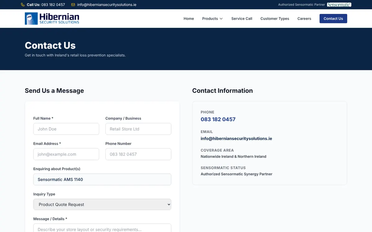 The contact form with "Sensormatic AMS 1140" already filled in and the enquiry type set to Product Quote Request
